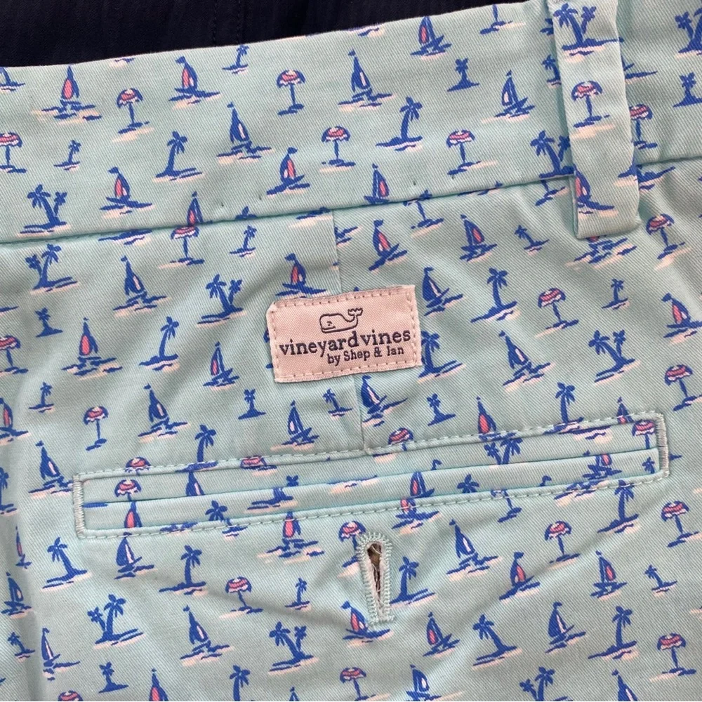 Vineyard Vines Mens Breaker Shorts Sea Splash Blue Palm Tree Boat Size 32 9”